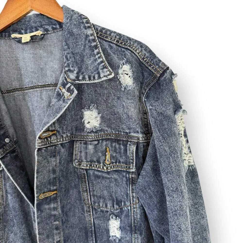 Umgee Womens Denim Jacket XL Distressed Blue Jean Trucker Button Front Cotton